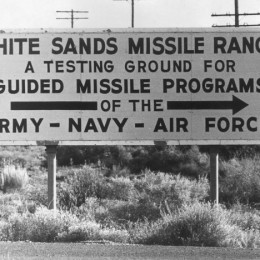 September 1963:  A sign indicating the direction of the White Sands Missile Range in Alamagordo, New Mexico.  (Photo by Keystone Features/Getty Images)